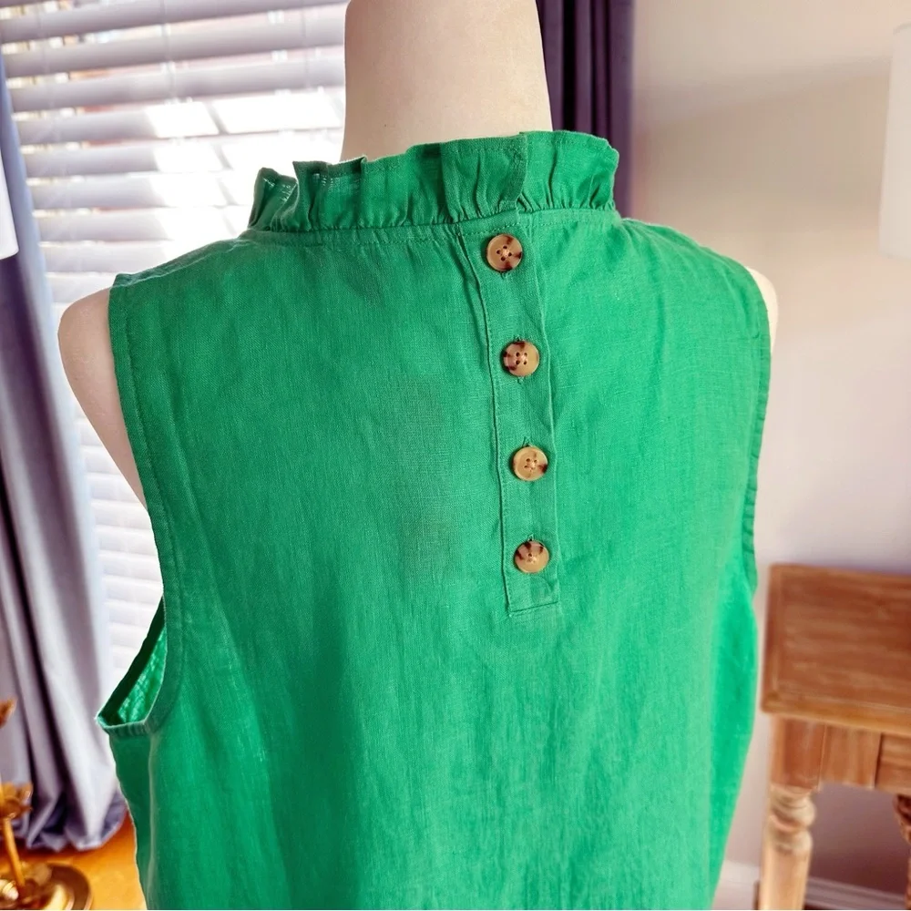 NWT J.Crew Fleur Green 100% Linen Ruffle Tank Top L